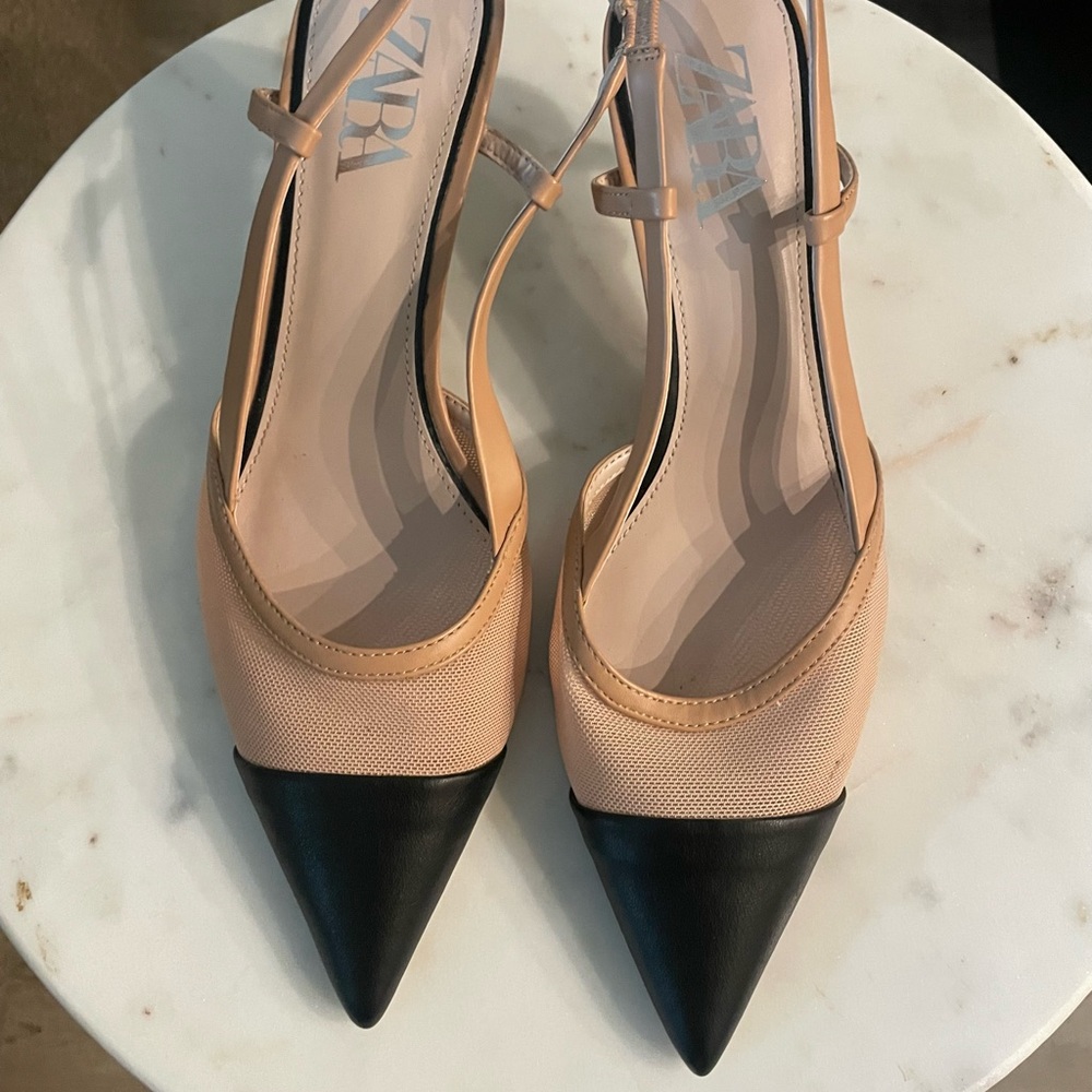 Black and Nude Pointed-Toe Slingback Kitten Heel from Zara